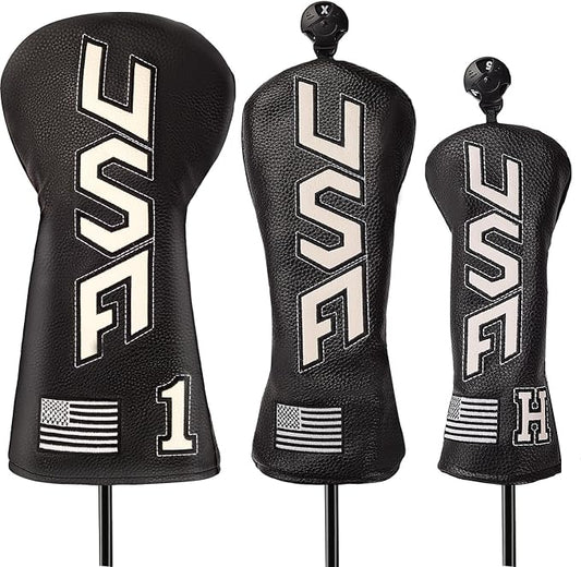 Golf Head Cover Set with USA Flag Cross-Stitch for Golf Club Driver Fairway Hybrid