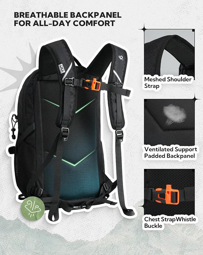 WATERFLY Small Lightweight Hiking Backpack: 20L Daypack for Women Men, Multi-Pocket, Breathable Back Panel with Chest Waist Strap, Outdoor Bag Pack for Travel Trekking Camping