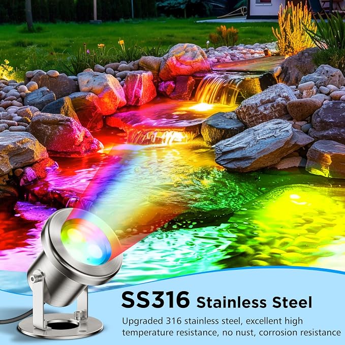 LyLmLe LED Pond Lights with APP Control, 6W SS316 Stainless Steel RGB Underwater Fountain Light with 12V Transformer, IP68 Waterproof Outdoor Underwater Lights for Pond Waterfall, Black Wire(2-Spots)