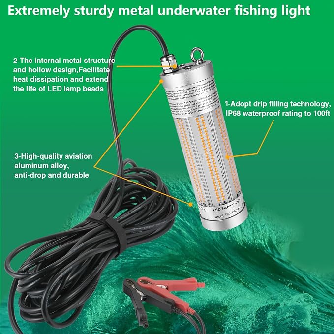 300W 36000lm Underwater Fishing Light, IP68 Waterproof Aluminum Super Bright Night Fish Attracting Submersible LED Lamp Lure Bait Finder for Freshwater Saltwater Sea Kayak Ice Dock (Yellow)