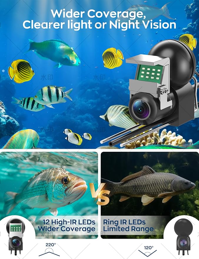 Underwater Fishing Camera,1080P Portable Fish Finder with 5" Waterproof IPS Screen,220° Ultra-Wide Ice Fishing Camera with 12 IR LED Night Vision,10000mAh Battery&100FT Cable for Boat, Lake & Kayak