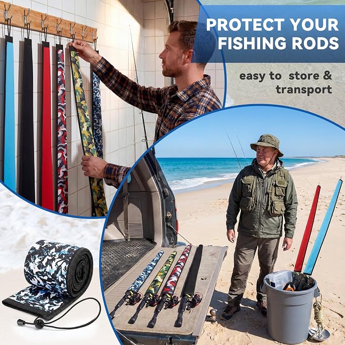 Outus Neoprene Fishing Rod Sleeves, 2.5MM Thick Tangle-Free Covers, Protective Sock for Spinning Casting Rods, Travel Storage