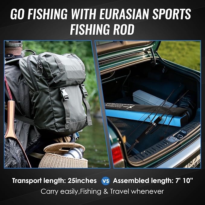 Eurasian Sports 30T Carbon Travel Spinning Rod - 4 Piece 6ft/7ft Portable Fishing Pole for Freshwater & Saltwater Bass, Trout, Ultra Light to Medium Light Fast Action SiC Guide Rings Rods with Case