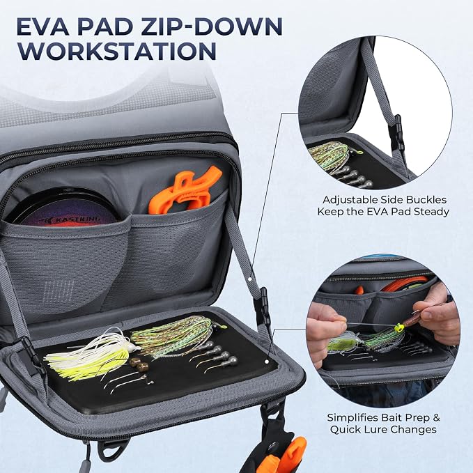 KastKing Bait Boss Water-Resistant Fishing Chest Pack With EVA Zip-Down Workstation, MOLLE Storage, Adjustable Chest Straps
