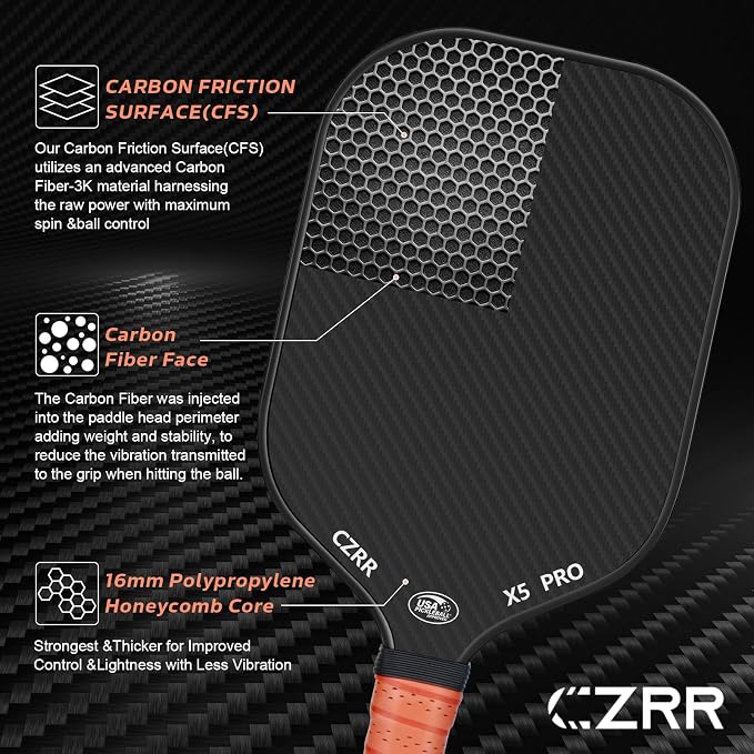 Pickleball Paddle, USA Pickleball Approved, 3K Raw Carbon Fiber Surface (CFS) High Grit & Spin, with 16MM Polypropylene Honeycomb Core, Ideal for Novice and Professional Players