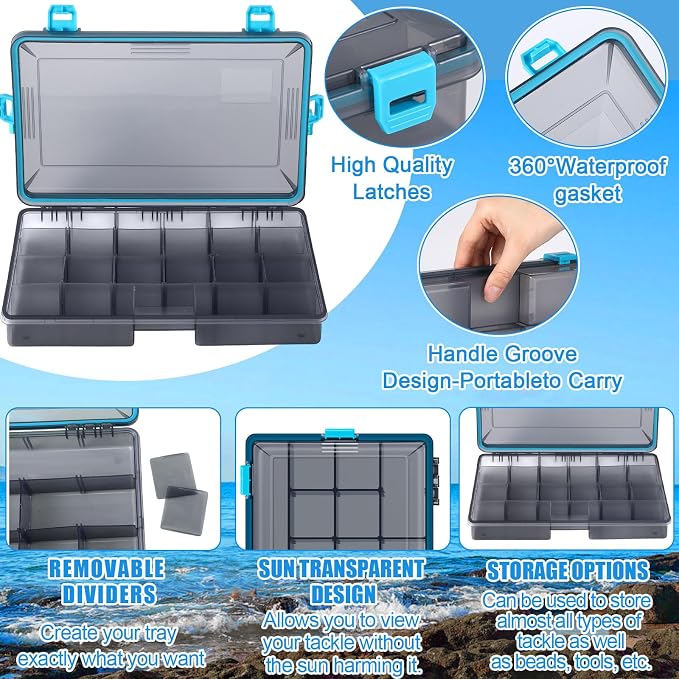 Wonderjune 6 Pack Fishing Tackle Boxes Waterproof 3600 and 3700 Tackle Trays with Removable Dividers Plastic Storage Organizer Bait Vault Camouflage Box for Freshwater Saltwater (Blue,3700)