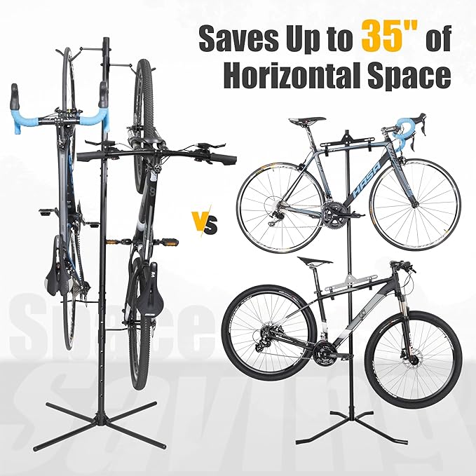 CyclingDeal Bike Vertical Freestanding Hanger Parking Rack - Fully Adjustable Gravity Storage Floor Stand - Safe & Secure for Hanging MTB Road Bicycles in Garage or Home - 2 Bikes Vertical