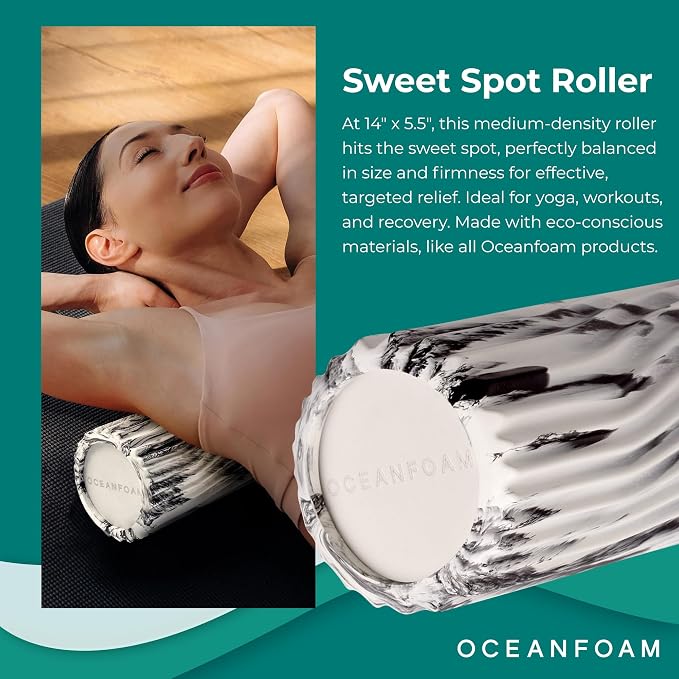 Oceanfoam Sweet Spot Medium Exercise Foam Roller 14"x5.5" – Medium Density Travel Foam Roller for Physical Therapy, Deep Tissue Massage, Yoga, Pilates, Classic Exclusive Wave Texture (Black Marbled)