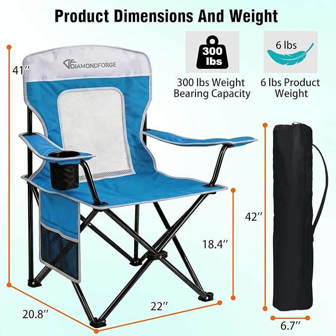Camping Chair, 300 LBS Breathable Mesh Lawn Chairs Folding (Blue White) | High Back, Portable Outdoor Folding Camping Chair for Adults, with Cup Holder for Picnic, Lawn, Beach, Fishing and Sports