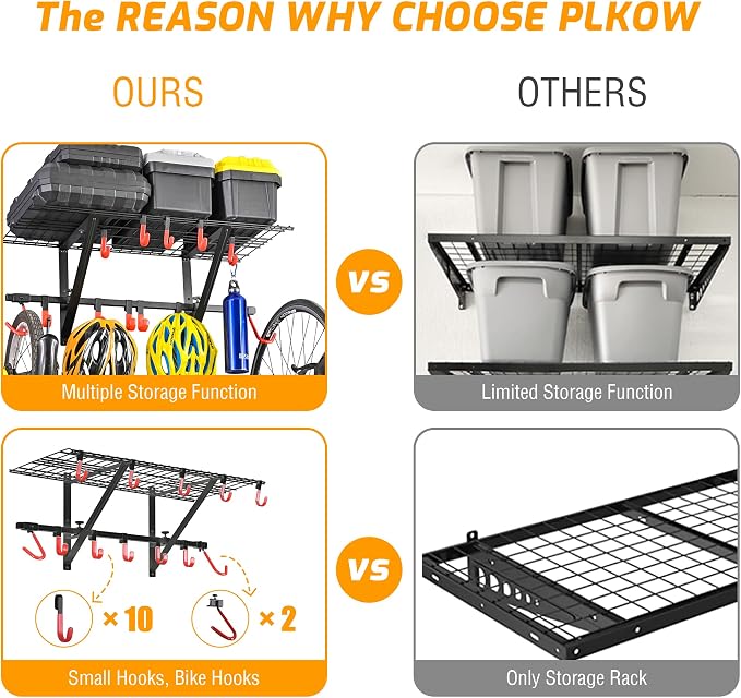PLKOW Garage Wall Shelving 4-Pack Includes Bike Hooks, Sturdy Adjustable Garage Shelving Wall Mount Wall Organizer (Black, 4-Pack)