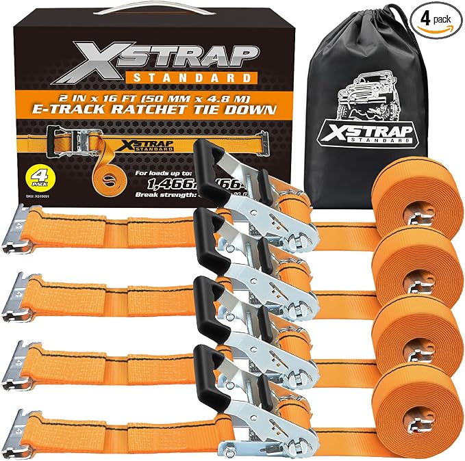 XSTRAP STANDARD 4 Pack E-Track Ratchet Straps 2" x16', 4400 LBS Break Strength Interior Van Solution Heavy Duty Tie Down Strap for Moving, Truck, Trailers, Motorcycles, Kayaks, Car Roof, Orange