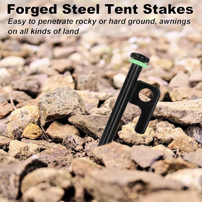 8Pcs Tent Stakes, 16in Heavy Duty Tent Stakes with Storage Pouch, Dia 0.35" Forged Steel Stakes for Tent Used on Rocks, Grassland, Snowfield(8Pcs 16in Stakes)