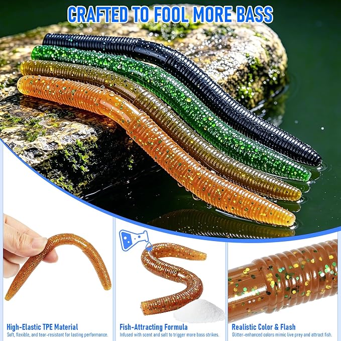 Wacky Worms for Bass Fishing, Fableblis 161Pcs 5.5" Soft Plastic Fishing Lures Kits, Fishing Worm Baits with Wacky Rig Tool, Thick O-Rings, Hooks, Weights, Complete Starter Kit for Freshwater Fishing