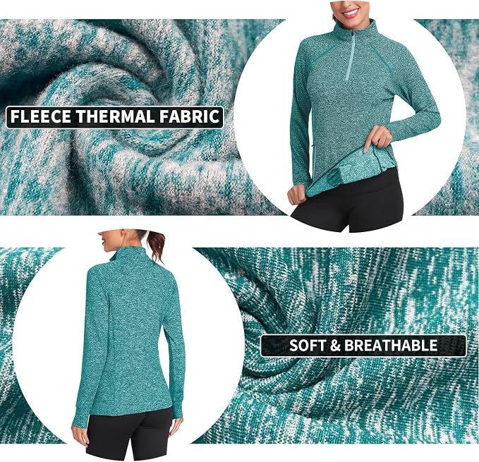 Soneven Women's Thermal Fleece Running Shirts Warm Winter Pullover Cold Weather Workout Hiking Tops with Thumb Holes Pockets
