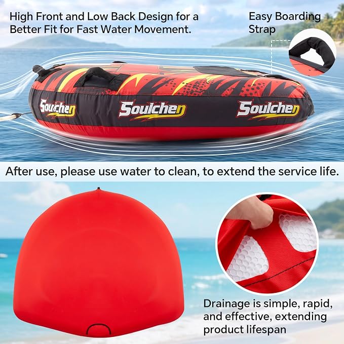 Soulchen Thriller Style Inflatable Towable Tube for Boating, 1-2 Rider Models Water Tubing Tube Full Nylon Cover for Water Sports, Safety Speed Valve for Easy Inflating Deflating