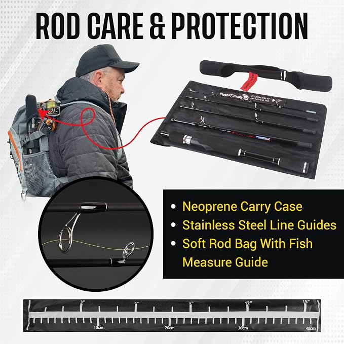 Rigged and Ready Travel Fishing Rucksack Rod 6’ 182 cm. Compact Length 15.5’ 40 cm