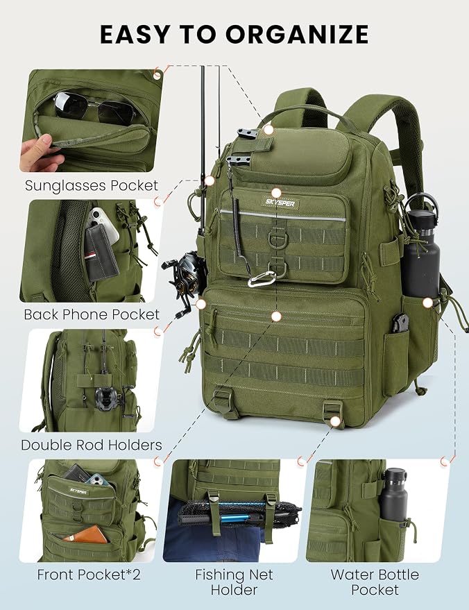 SKYSPER Tackle Backpack Fishing Bags with Rod Holder, 40L Water-Resistant Tackle Box Storage Bag for Fishing Gear Lures(Armygreen)