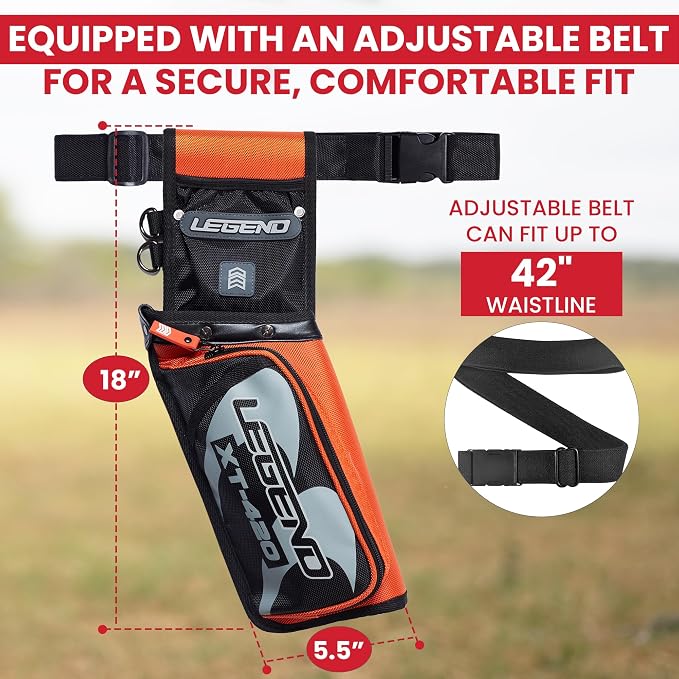 Legend XT420 Field Quiver - Left or Right-Handed Quiver Arrow Holder, Archery Quiver with 3 Arrow Tube, Durable Nylon Hip Quivers with Multiple Pockets for Archery Accessories, Score Card & Tools