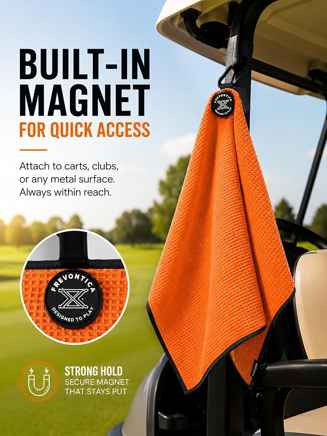Magnetic Golf Towel with Cleaning Pocket, 24"x16" Ultra-Absorbent Waffle Microfiber Golf Towel with Magnet & Clip for Golf Bag, Carts and Clubs, Golf Accessories Gift for Men Women Golfers