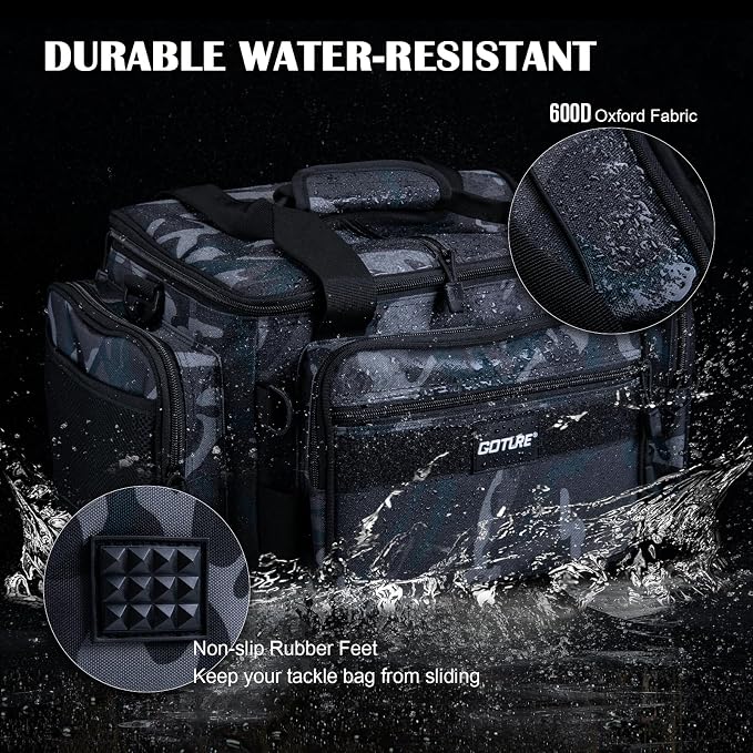 Goture Fishing Tackle Bag with 4PCS 3700 Tackle Boxes | 600D Water-Resistant, Rod Straps, Detachable Bottle Pouch, SBS Zippers, Freshwater & Saltwater Gear Storage Fishing Bag