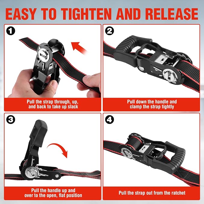 WORKPRO Ratchet Tie Down Straps, 4-Pack | 1" x 12' | 1500 lbs Break Strength Heavy Duty Ratchet Straps, Fits for Moving Appliances Motorcycle ATV Truck (Black&Red)