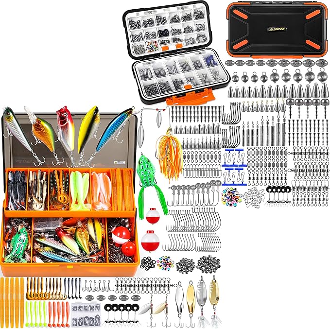 PLUSINNO 397pcs Fishing Accessories Kit and 404 PCS Fishing Lures, Upgrade XL Fishing Tackle Box with Tackle Included