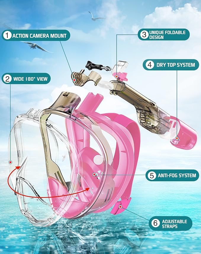 Greatever Full Face Snorkel Mask, Snorkeling Gear for Adults with Latest Dry Top Breathing System and Detachable Camera Mount, Foldable Snorkel Set for Family Snorkeling Trips, Anti-Fog & Anti-Leak