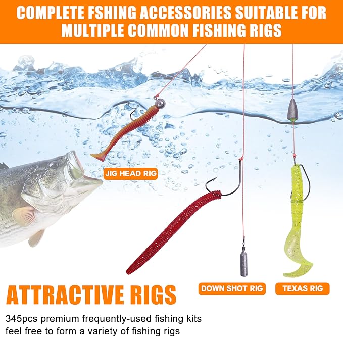345pcs Fishing Accessories Kit, Fishing Tackle Box with Jig Head Hooks Worm Hooks Weights Sinkers Swivels Snaps Beads, Fishing Gear Set Equipment for Bass Trout Saltwater Freshwater Fishing