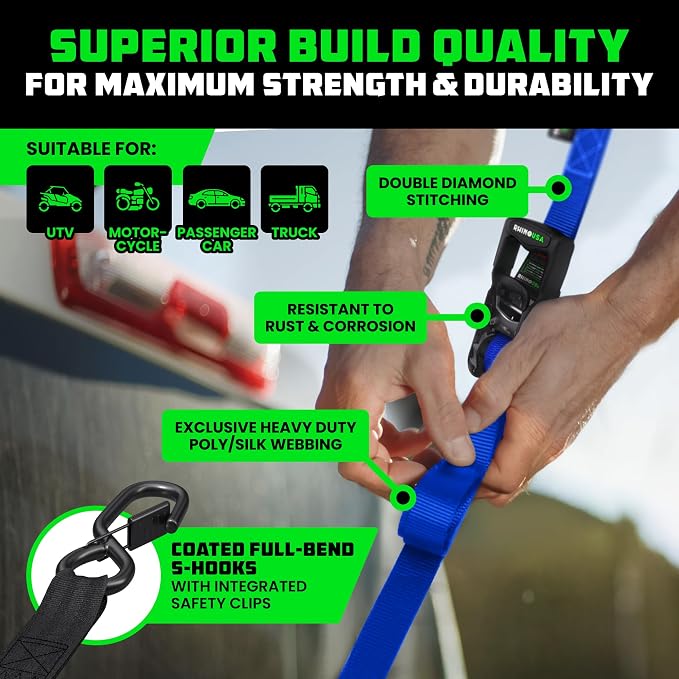 Rhino USA Ratchet Straps Heavy Duty Kit (4-Pack) - 1.6 Inch x 15 Feet Min Break Strength (5,000) - Ultimate Tie Down Straps with Safety S Hooks for Trucks, ATV, UTV, Motorcycle, Cargo & More - Blue