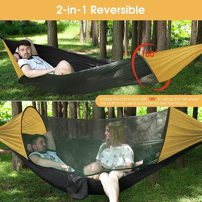 Camping Hammock with Mosquito Net - Portable Travel Hammock Bug Net - Camping Equipment - Hammock Tent for Outdoor Hiking Campin Backpacking Travel (Orange + Black)
