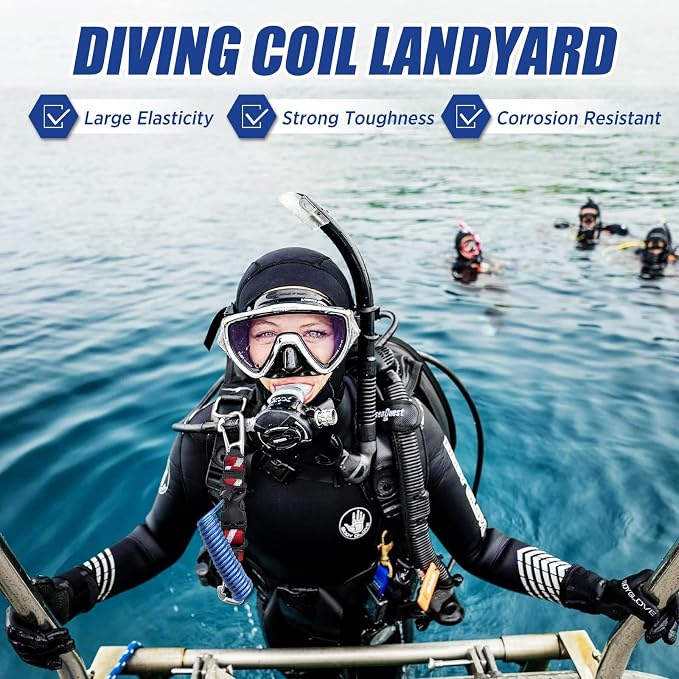 Scuba Retractable Lanyard, Stainless Steel Double-Clips and Spiral Core Anti-Lost Lanyard with Quick-Release Buckle