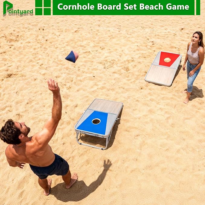 Portable Cornhole Board Set - Foldable Aluminum Frame Cornhole Game with 8 Bean Bags & Carrying Case for Adults & Families | Perfect for Outdoor Backyard, Beach & Party Camping (24x16 in)