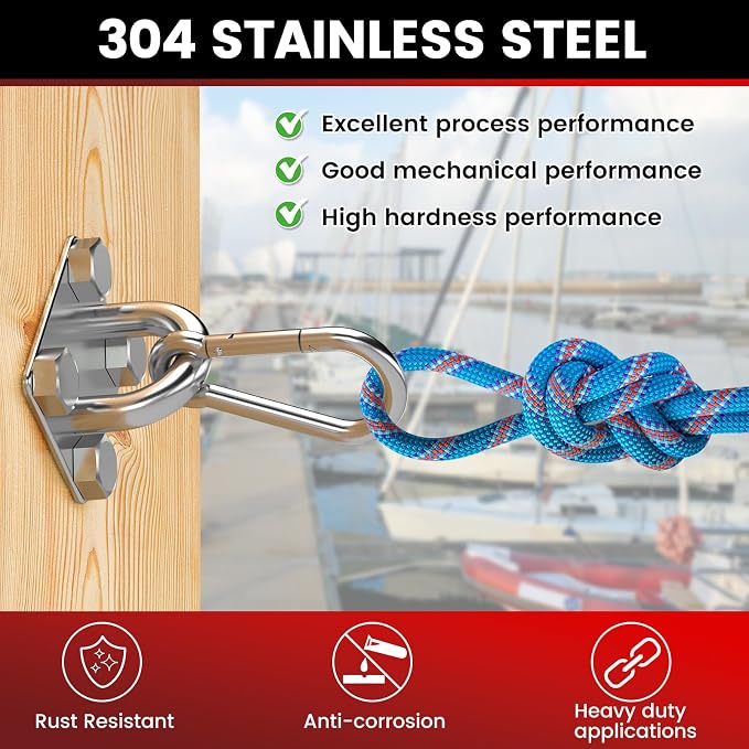 sprookber 304 Stainless Steel Pad Eye Snap Hooks, M10 Heavy Duty Ceiling Hooks, 1700lb Capacity Hammock Swing Hanging kit, Plant Hangers, Marine Hardware Staple Hook Loop with Screws, Set of 8