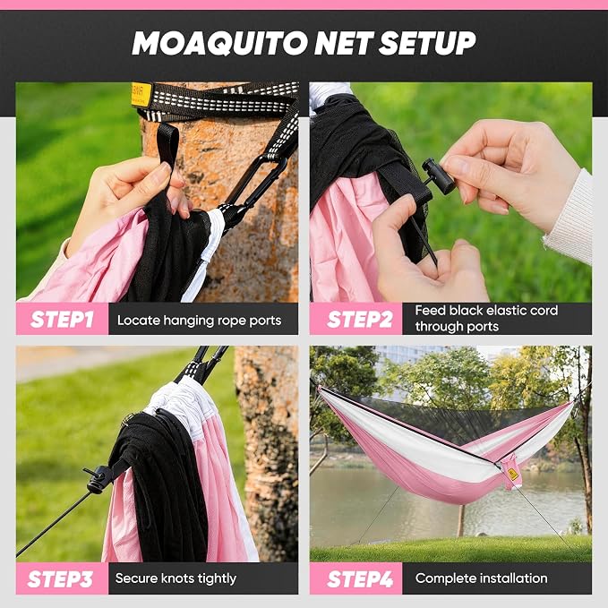 Kids Camping Hammock with Mosquito Net, 450 lbs Portable Hammock with Tree Straps, 2-in-1 Double/Single Travel Hammocks for Children, Hammock for Outside/Indoor/Backpacking/Beach - Pink & White