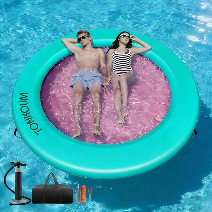 Water Hammock Inflatable Dock, 3.8ft/6ft/8ft Floating Raft Circular Water Island, Float Rings Air Mesh Platform for Lake/River/Swim Pool