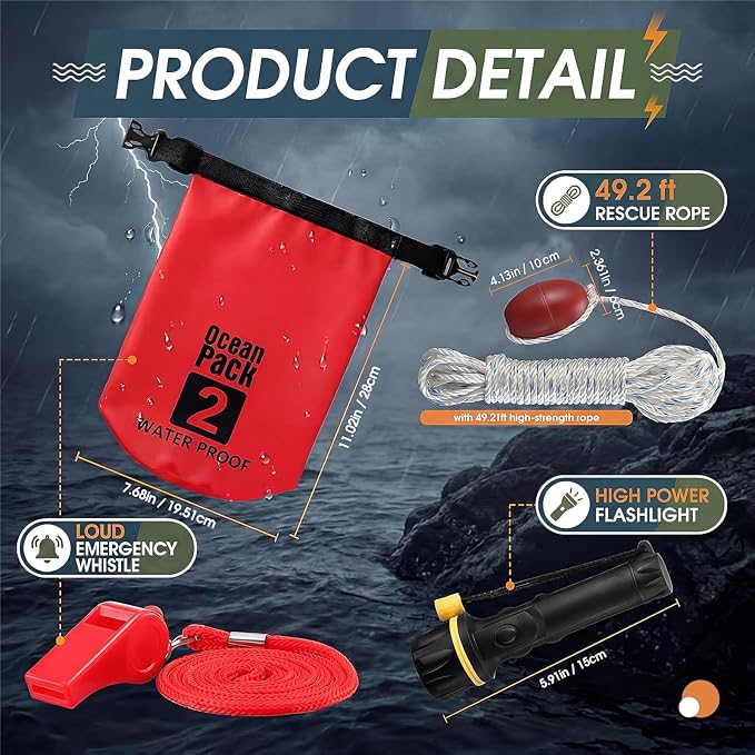 Boat Safety Kit Boat Essentials Kit Include 2L Waterproof Dry Bag LED Flashlight Survival Whistle Float and Line Emergency Set for Kayaks Canoe Sailboat Paddle Board