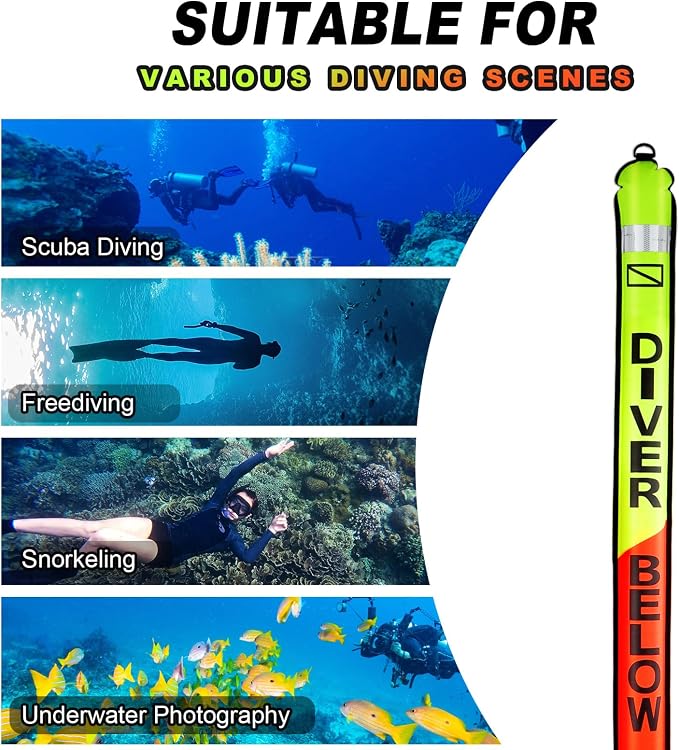 Surface Marker Buoy, 5ft Scuba SMB High Visibility Open Bottom Dive Buoy with Oral Inflator, OPV and Reflective Strip, Inflatable Signal Tube Safety Sausage (Orange+Fluorescent Yellow)