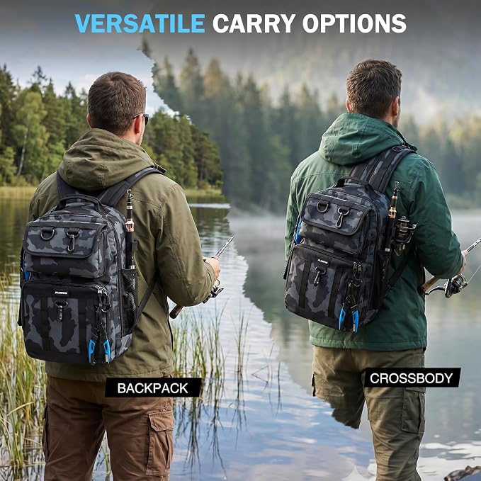 PLUSINNO Fishing Backpack with Fishing Gear, Tackle Box, Fish Accessories & Tools, Waterproof Sling Tackle Bag with Rod Holders, Lures for Freshwater/Saltwater, Fish Gifts for Men