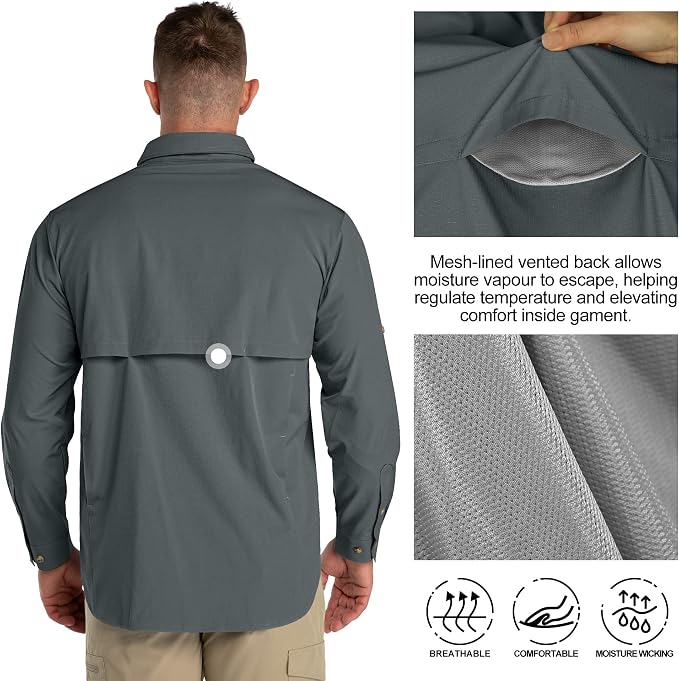 33,000ft Men's UPF 50+ UV Protection Long Sleeve Hiking Shirts Breathable Quick Dry Fishing Shirts for Safari, Outdoor