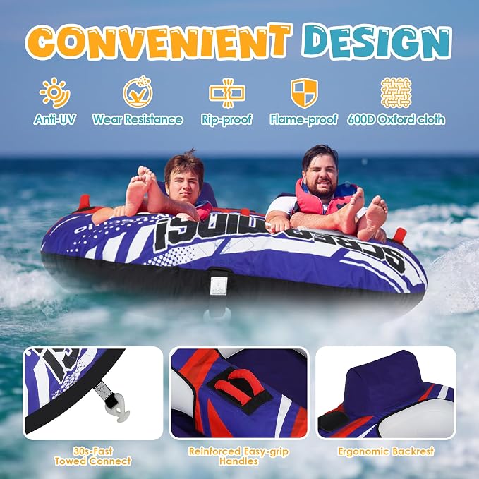 K-Musculo Towable Tubes for Boating - 2-3 Person Boat Tubes & Towables, EVA Foam Pads, Drainage, Super Safe Handle, Quick Connector