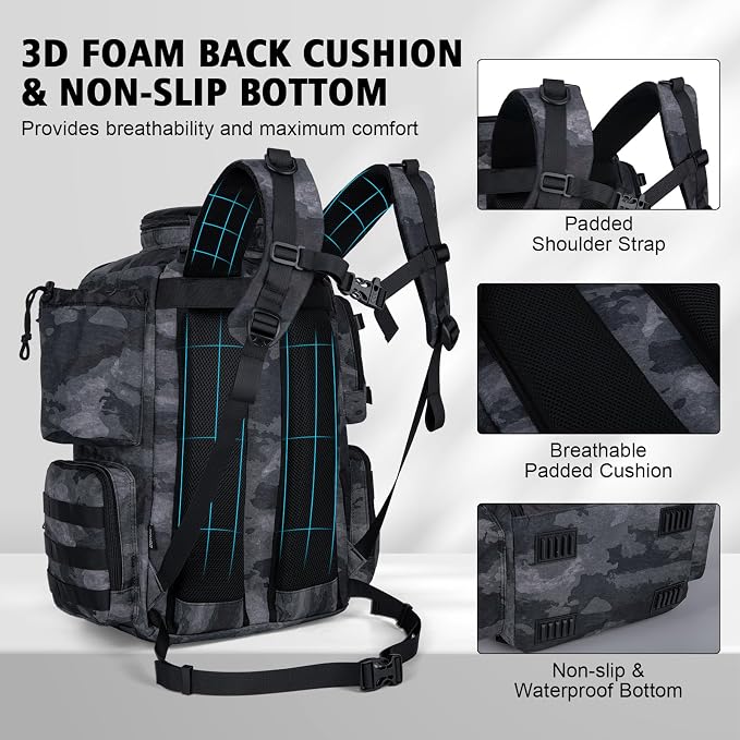 Goture Fishing Backpack,900D Water-Resistant Tackle Backpack with Rod Holders, SBS Zippers,45L Large Fishing Bag Storage Gear Tackle Bag with Rain Cover, Bottle Holder for Travel Camping Hiking