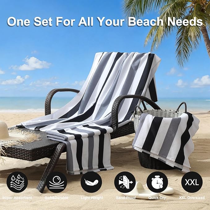 Jessy Home 4 Pack Striped Oversized Beach Towel Set, 40x70 Inch Microfiber Sandproof Quick Dry Super Soft Swim Towels, Absorbent Stylish Pool Towels, Swim Cover Up for Beach Vacation Travel