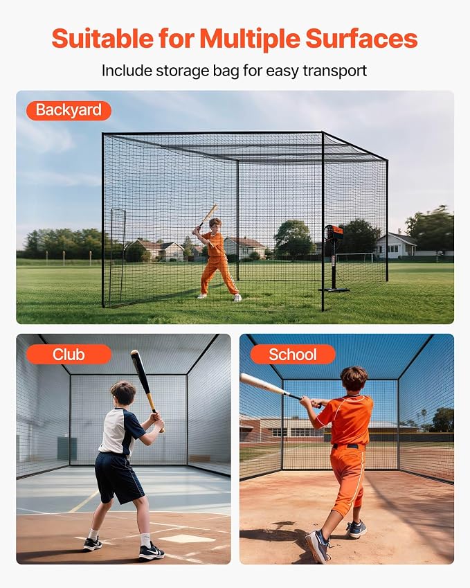 VEVOR Baseball Batting Cage,Professional Softball Baseball Batting Hitting Training Net,Heavy Duty Enclosed PE Practice Portable Pitching Cage Net&Carry Bag,for Backyard,Field,Indoor&Outdoor