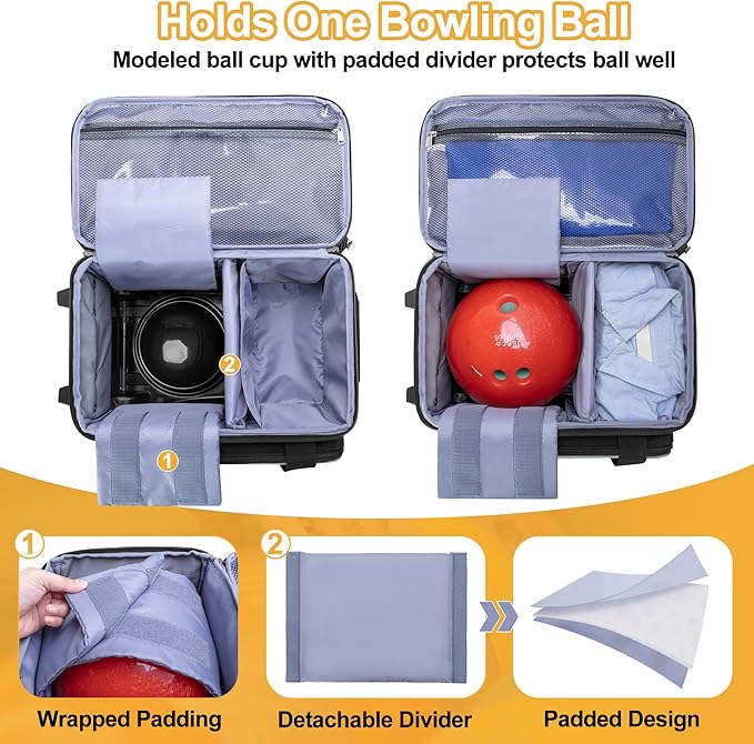 GOBUROS Single Ball Roller Bowling Bag with Wheels and Retractable Handle Extends to 35.4 Inches, Single Bowling Ball Bag with Shoe Compartment and Multiple Accessory Pockets, Black and Gray