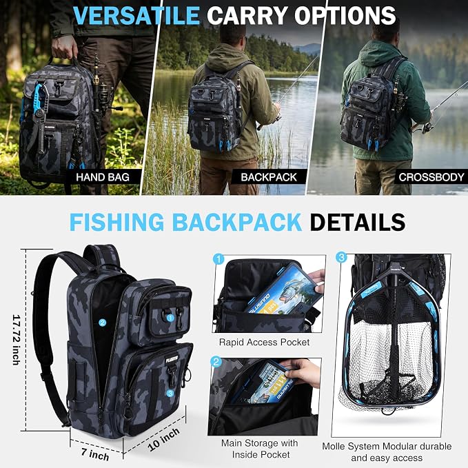 PLUSINNO Fishing Backpack with Fishing Gear, Tackle Box, Fish Accessories & Tools, Waterproof Sling Tackle Bag with Rod Holders, Lures for Freshwater/Saltwater, Fish Gifts for Men