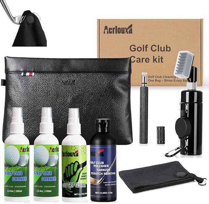 7-in-1 Golf Club Cleaning Kit - Club Cleaner, Grip Cleaner, Polish, Water-Spray Brush, Groove Cleaner, Magnetic Towel & Portable Bag | Restores Clubs, Removes Rust/Scratches, Renews Tackiness