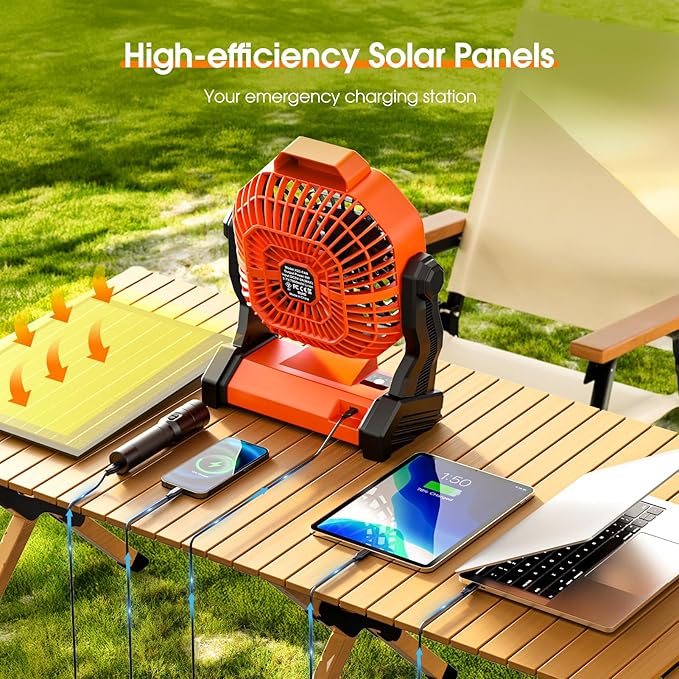 Solar Powered Fan,【Max 60H Runtime】Rechargeable Solar Camping Fans & Led Lantern,8-inch Portable Fan with Solar Panel,Battery Operated Powered Outdoor Tent Fans for Camping Essentials Accessories