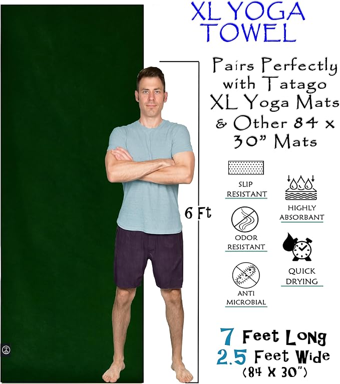 Tatago Hot Yoga Mat Towel Non Slip for Hot Yoga (72-84 inch Mats) Our Hot Yoga Towel Non Slip Silicone Dabs & Absorbent Microfiber Blend Gives You More Grip As You Drip! (Ezmeraldo, XL - 84")