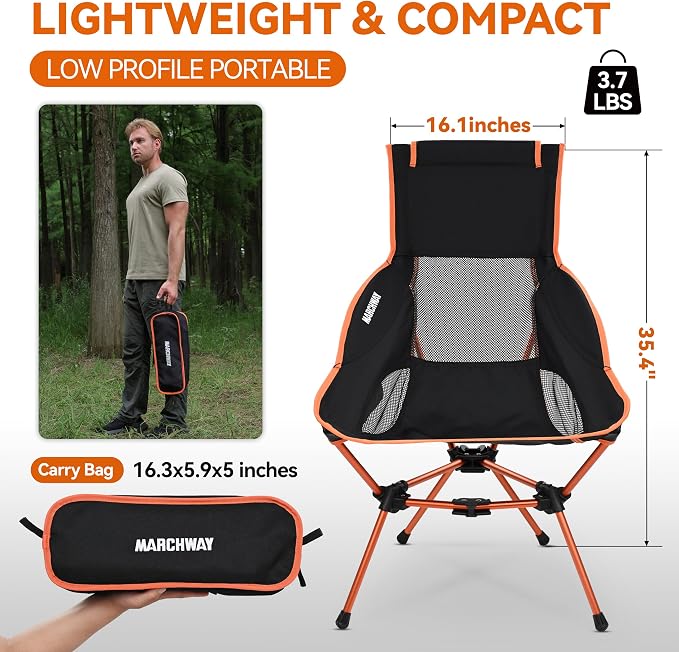 MARCHWAY Lightweight Folding High Back Camping Chair with Head Support, Stable Portable Compact for Outdoor Camp, Travel, Beach, Picnic, Festival, Hiking, Backpacking (Highback Orange)