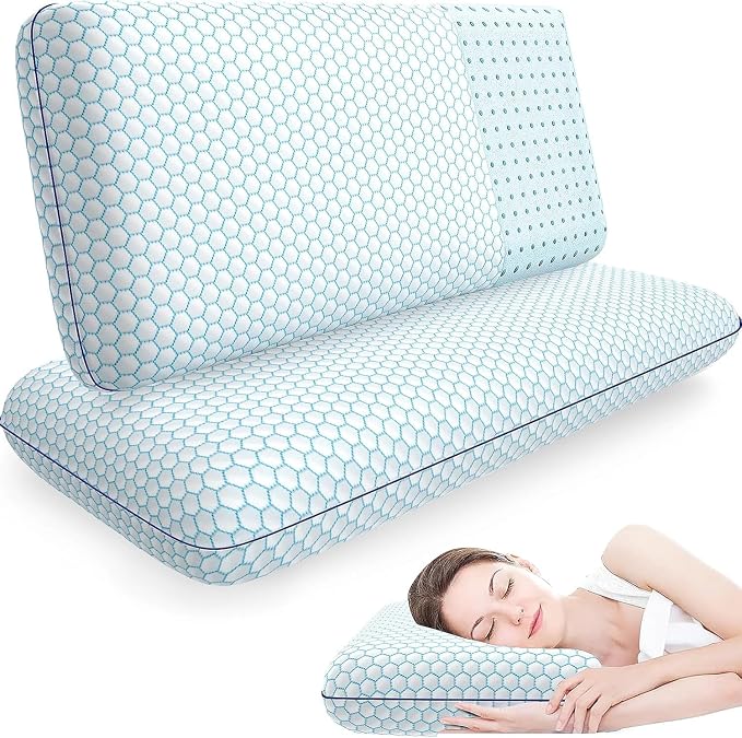 CushyOasis Memory Foam Pillows for Side, Back and Stomach Sleepers, Set of 2, Bed Pillow with Washable Cover and Breathable Mesh, Bed Pillow for Sleeping (Blue，King Size)